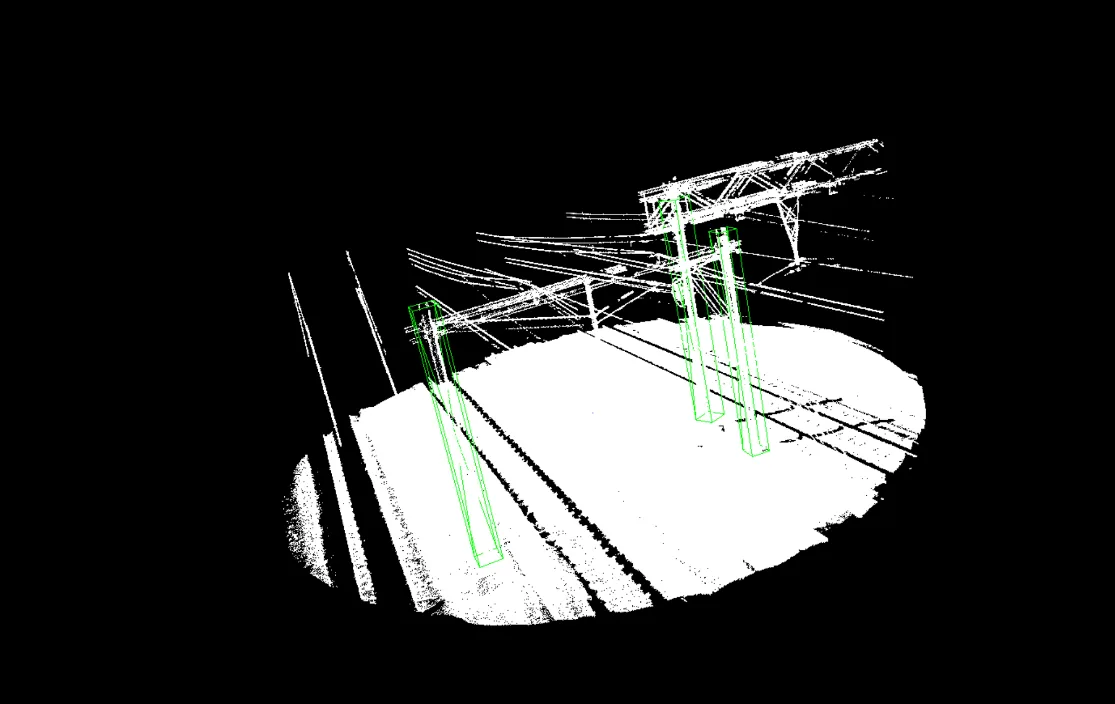 Puntenwolk van het spoor waarin bovenleidingmasten zijn gedetecteerd en met 3D-kaders omlijnd