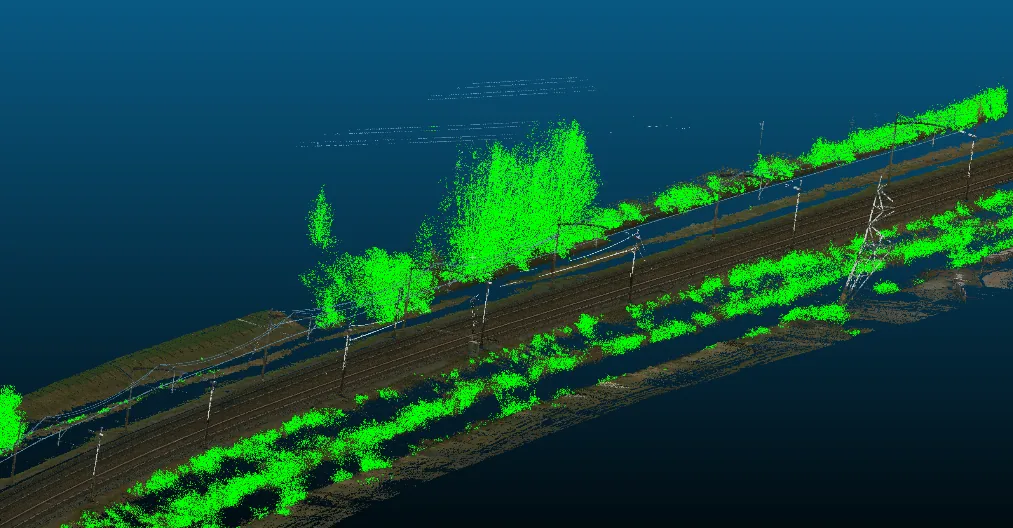 Puntenwolk van het spoor met de vegetatie langs de baan groen gesegmenteerd